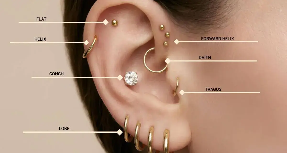 Przewodnik po dziurkach w uszach: flat, helix, conch, lobe, forward helix, daith, tragus.