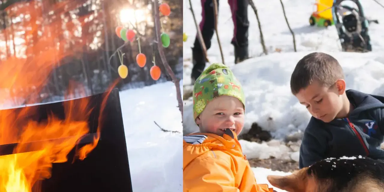 Varm eld och färgglada påskägg i snön. Barn och hund njuter av påsklekar utomhus.