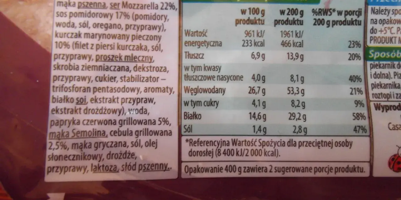 Pizza z kurczakiem Biedronka: 466 kcal w porcji 200g. Składniki: ser, kurczak, papryka, cebula. Idealna na szybki obiad.