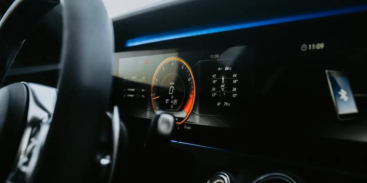 Cyfrowy kokpit pokazuje 0 km/h, wskazując na falujące obroty na zimnym silniku diesel. Wskaźniki temperatury i ciśnienia są widoczne.