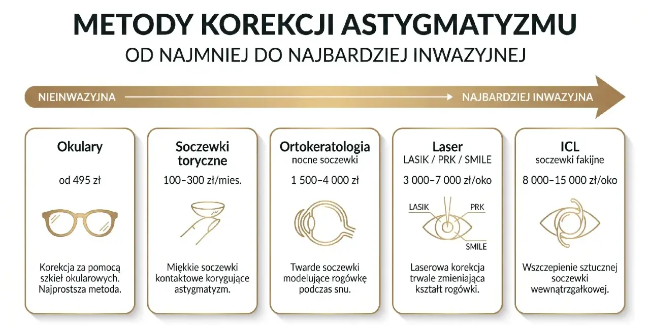 Metody korekcji astygmatyzmu: okulary, soczewki, ortokorekcja, laser, ICL. Od najmniej do najbardziej inwazyjnej, zależnie od wieku i potrzeb.