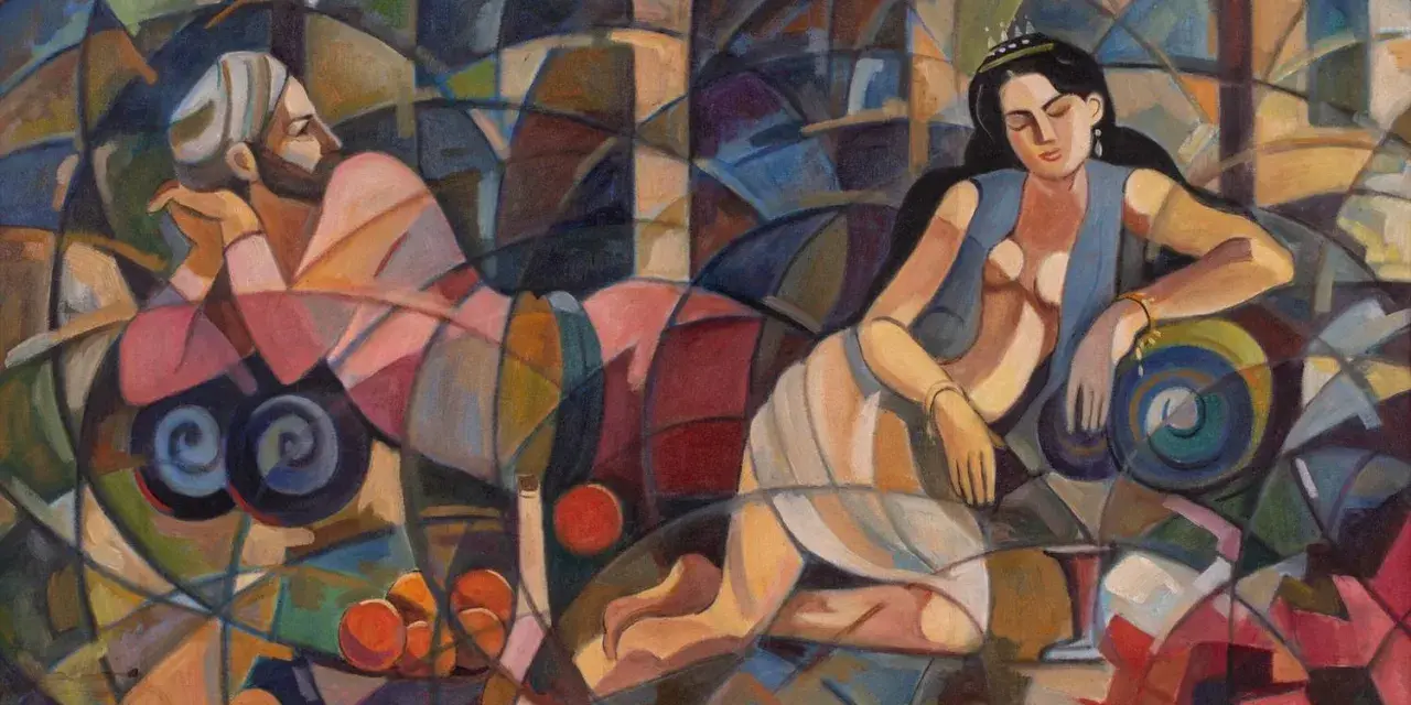 Un homme et une femme dans un décor géométrique, dans le style d'un peintre cubiste.