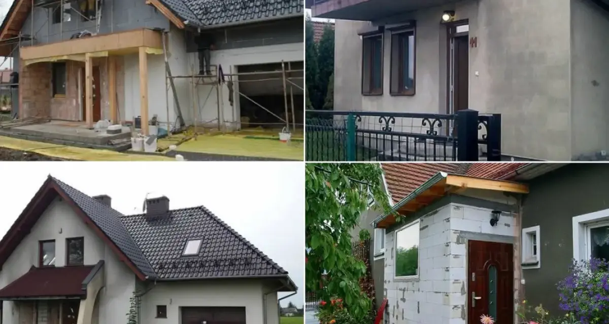 Budowa dobudowy wiatrołapu w domu jednorodzinnym. Widać rusztowania i prace budowlane.