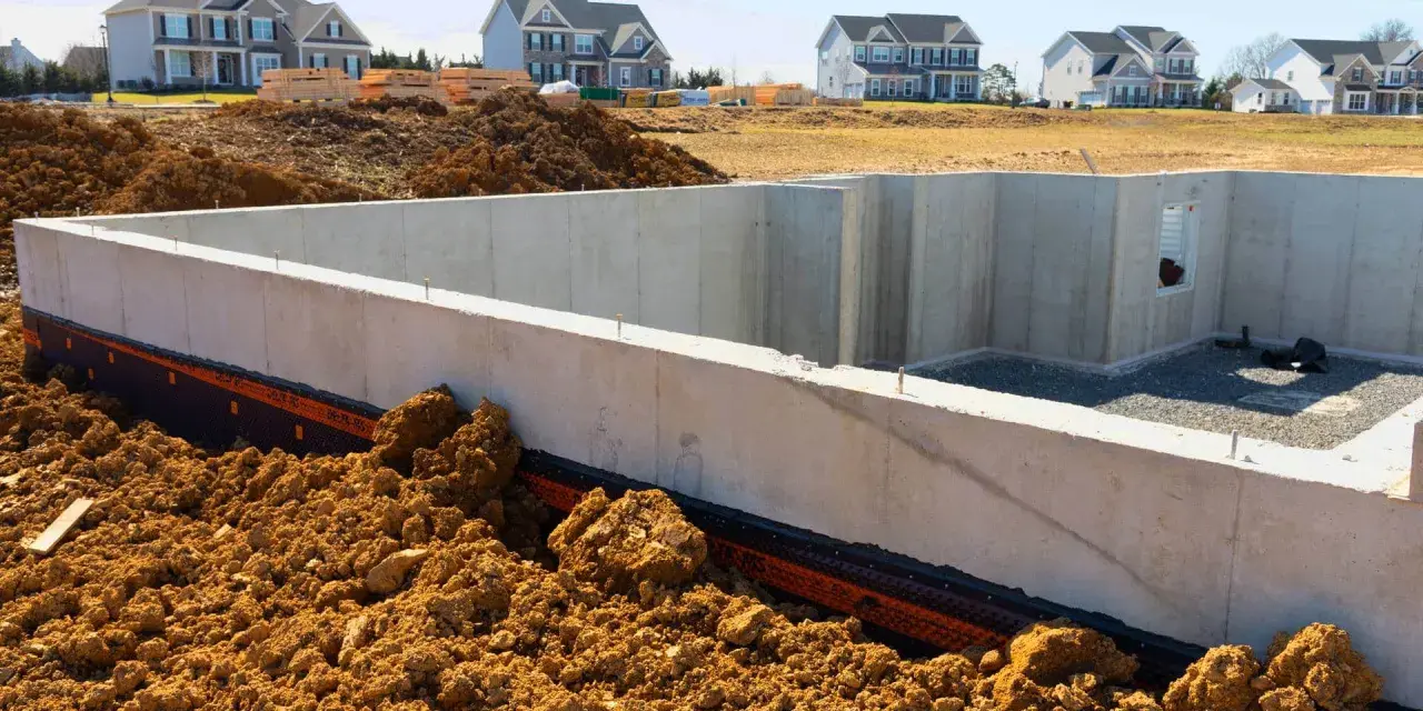 Betonowa ława fundamentowa w wykopie, otoczona ziemią. W tle nowe domy w budowie.