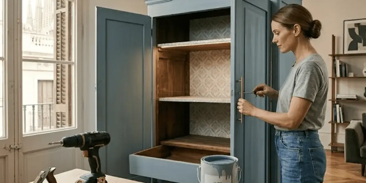 Mujer restaurando muebles antiguos, pintando un armario azul con detalles de papel tapiz. Herramientas y pintura a la vista.