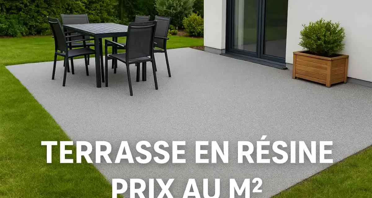 Table et chaises sur une terrasse en résine moderne. Découvrez le prix au m2 pour votre projet d'aménagement extérieur.