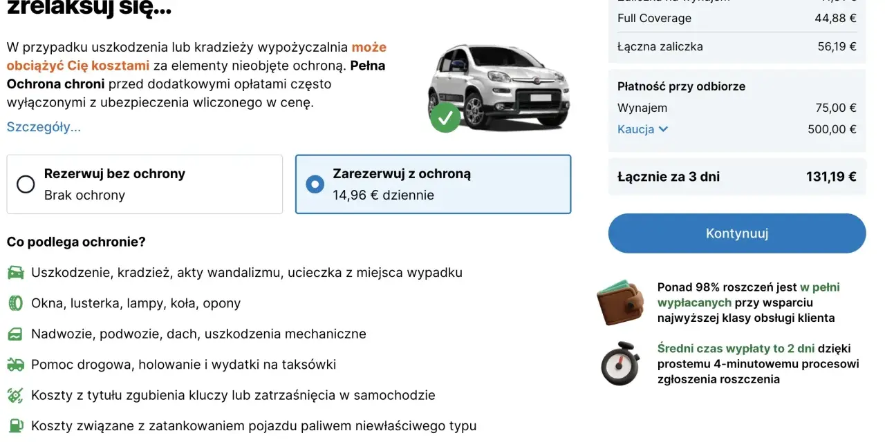 Wybierz pełne pokrycie dla wynajmu samochodu na Sycylii. Ochrona obejmuje uszkodzenia, kradzież i inne zdarzenia.