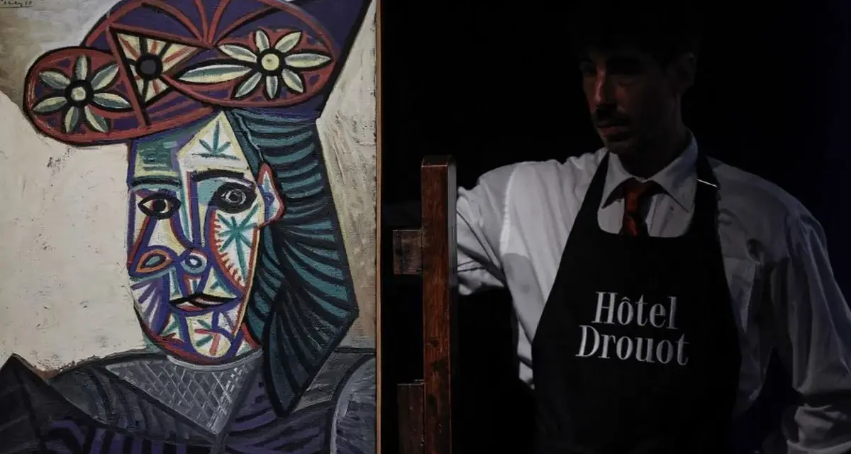 Portrait de Dora Maar par Picasso, présenté par un employé de l'Hôtel Drouot.