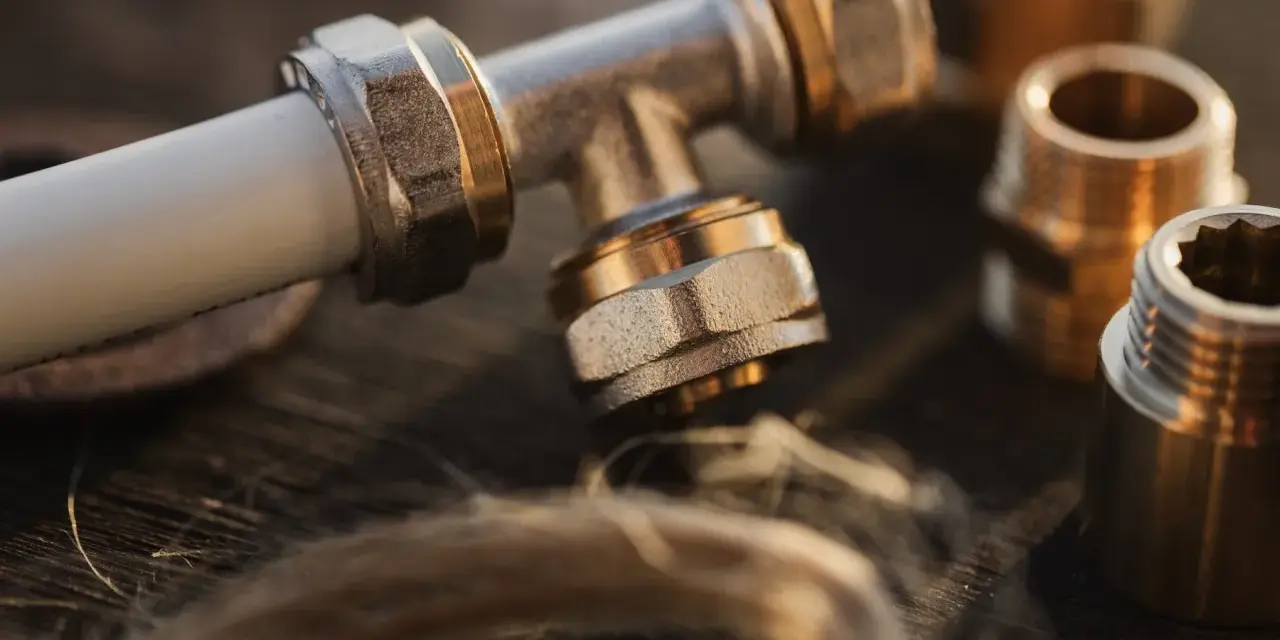 Metalowe złączki hydrauliczne, w tym trójnik i nypel, leżą na drewnianym blacie obok pęczka lnu.