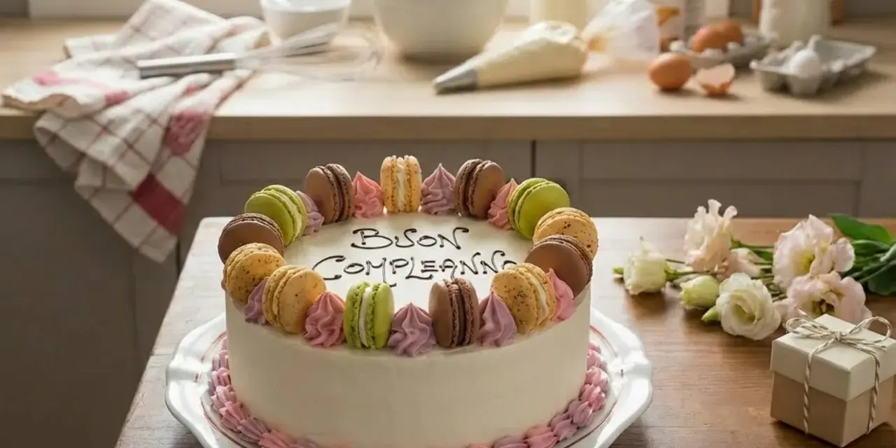 Torta di compleanno decorata con macarons, perfetta tra le torte di compleanno semplici da fare in casa.