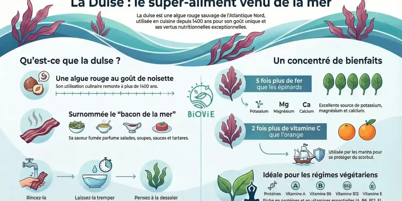 L'algue dulse, rouge et au goût de noisette, est un super-aliment de l'Atlantique Nord, surnommée "bacon de la mer". Elle est riche en fer et vitamine C.