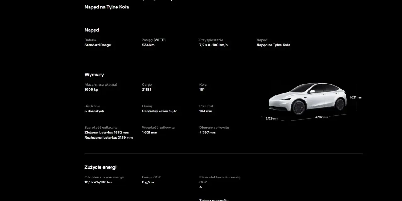 Tesla Model Y Standard: wymiary 4797 mm (długość), 2129 mm (szerokość z lusterkami), 1621 mm (wysokość).