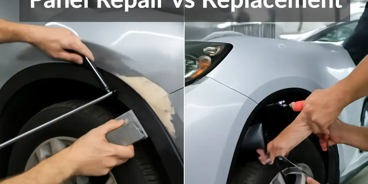 Split image shows auto body damage repair on the left and panel replacement on the right.