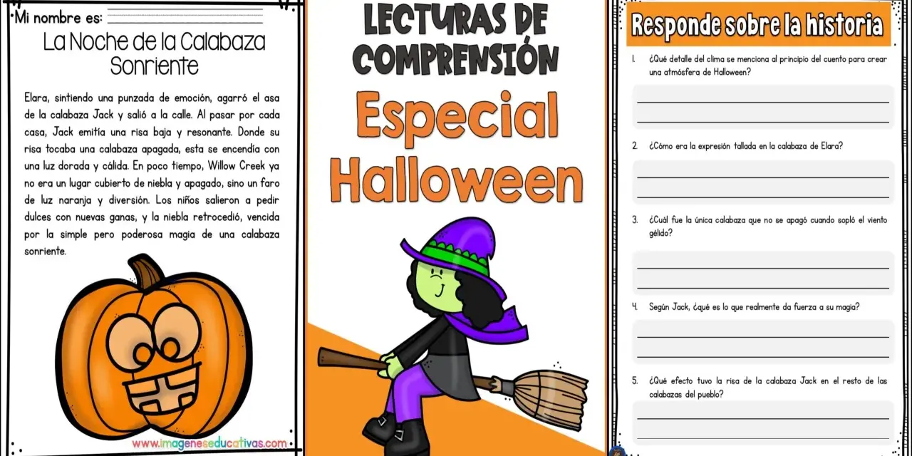 Lecturas de comprensión especial Halloween: una calabaza sonriente ilumina la noche. Actividad para practicar la comprensión lectora.