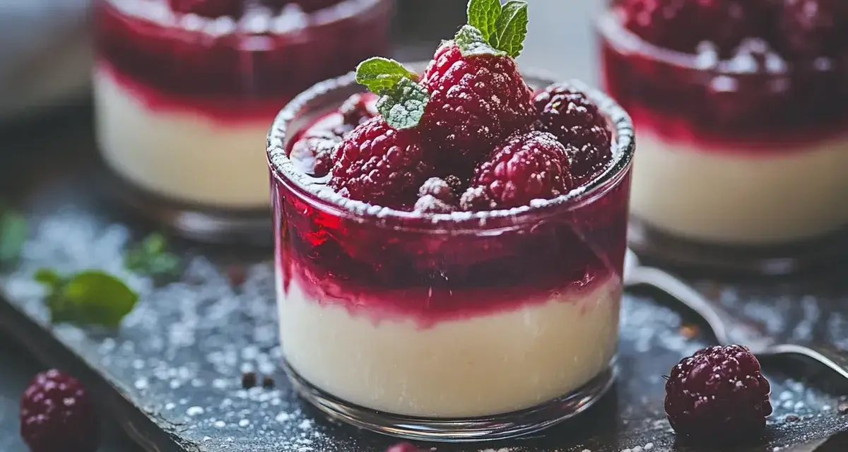 Tre läckra panna cotta i glas, toppade med hallon och mynta. Pudrade med florsocker.