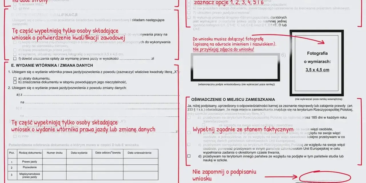 Formularz wniosku o wydanie prawa jazdy, z zaznaczonym polem dotyczącym ruchu lewostronnego.
