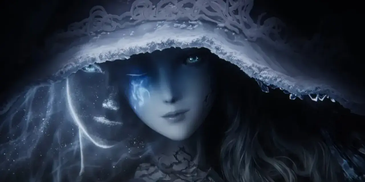 Ranni, la bruja de Elden Ring, con un velo helado y ojos brillantes, envuelta en energía cósmica.