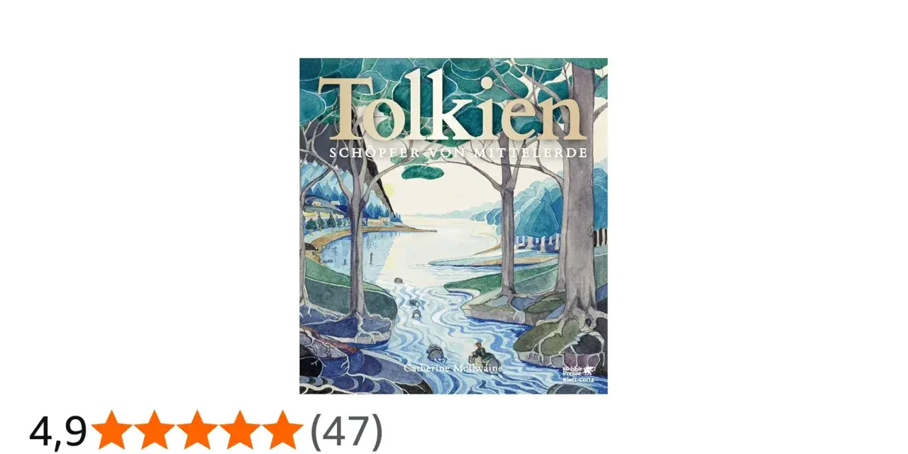 Gemälde mit dem Titel "Tolkien Schöpfer von Mittelerde" zeigt eine Flusslandschaft mit Bäumen und einem Boot.