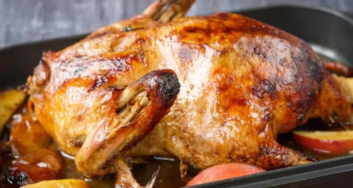 Goldbraun gebratene Ente mit Äpfeln in einer Bratenform. Perfekt zum Ente zubereiten.