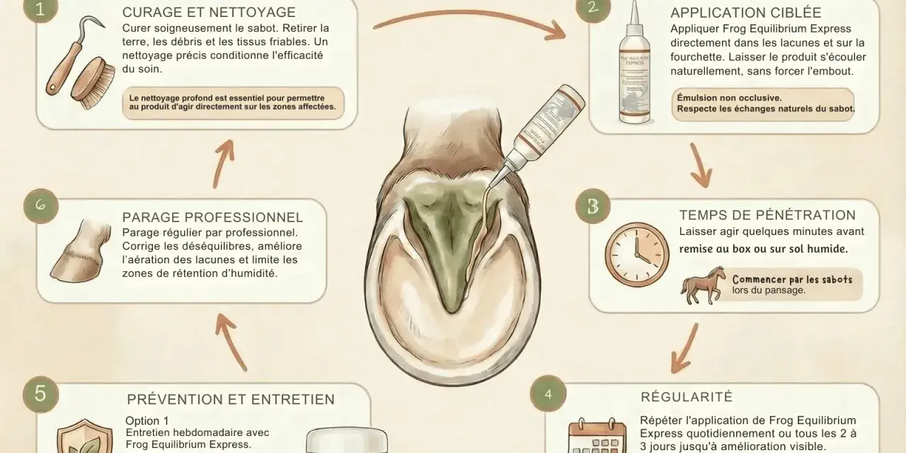 Routine pour une fourchette pourrie de cheval au pré : nettoyage, application ciblée, temps de pénétration, régularité, prévention et parage professionnel.