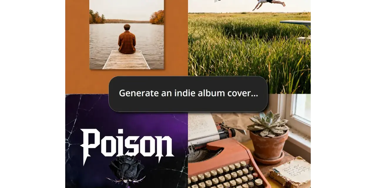 Vier Beispiele für album cover ai: Mann auf Steg, Sprung ins Gras, schwarze Rose mit "Poison", Schreibmaschine.