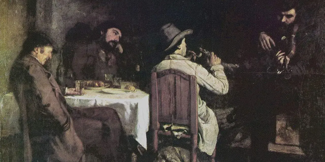 Obras de arte de Gustave Courbet: hombres reunidos en una taberna, uno toca la flauta, otro bebe, un perro duerme.