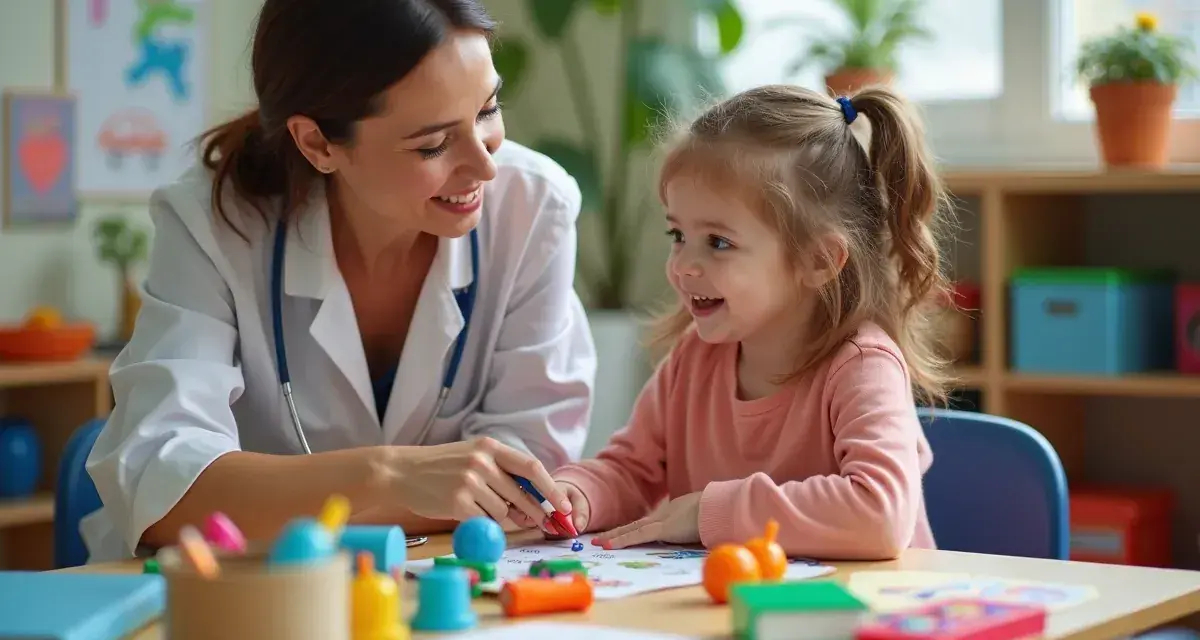 Uśmiechnięta terapeutka pedagogiczna z dzieckiem przy biurku, pełnym kolorowych materiałów do zabawy i nauki.