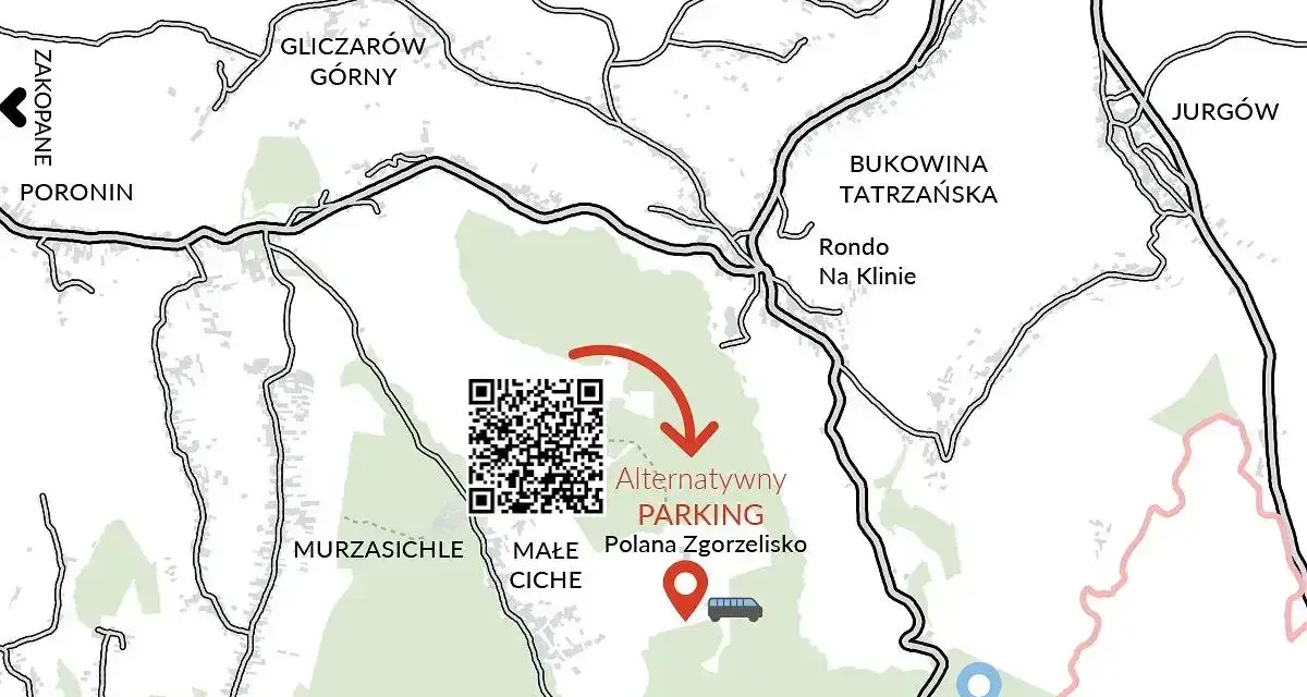 Mapa z zaznaczonymi drogami, miejscowościami (Zakopane, Bukowina Tatrzańska) i alternatywnym parkingiem.