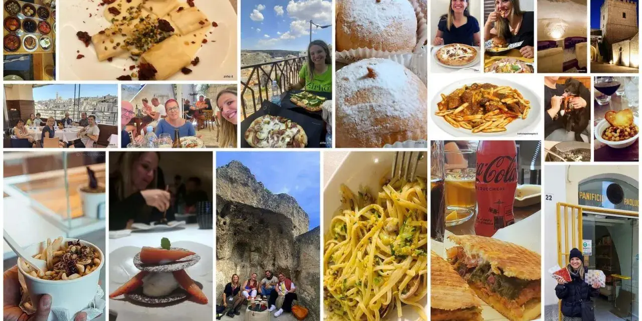 Collage di immagini che mostrano piatti tipici Matera: pasta, dolci, pizza, panini e antipasti, con scorci della città.