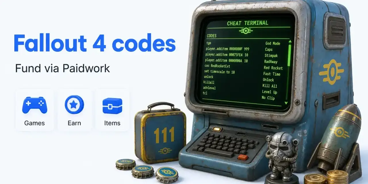 Terminal de Fallout 4 mostrando códigos para "God Mode", "Caps" y más. Ideal para jugadores que buscan trucos.