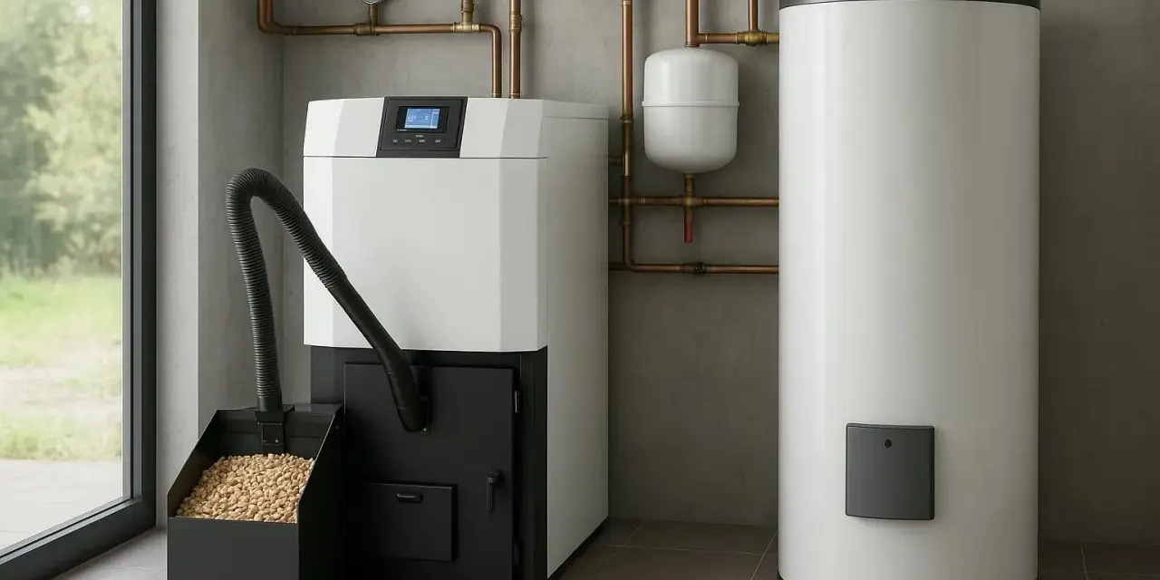 Chaudière à granulés avis : un système de chauffage moderne avec réservoir de granulés, chaudière blanche et chauffe-eau.