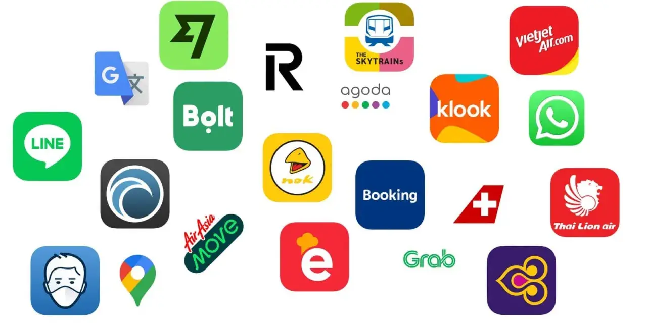 Apps für Reisen und Kommunikation in Thailand: Grab, Bolt, Klook, Agoda, Booking, Line, WhatsApp, Google Translate, Vietjet, Thai Lion Air, Air Asia Move.