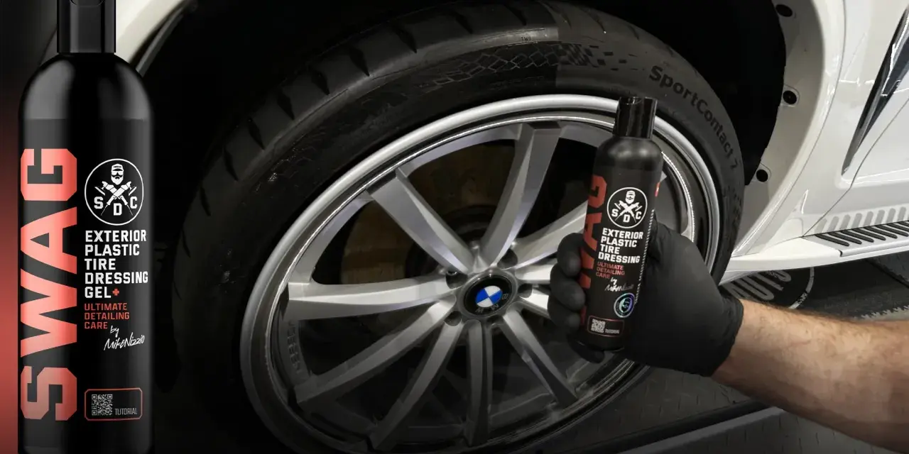 Profesjonalna konserwacja opon samochodowych z żelem SWAG. Aplikacja produktu na oponę BMW.