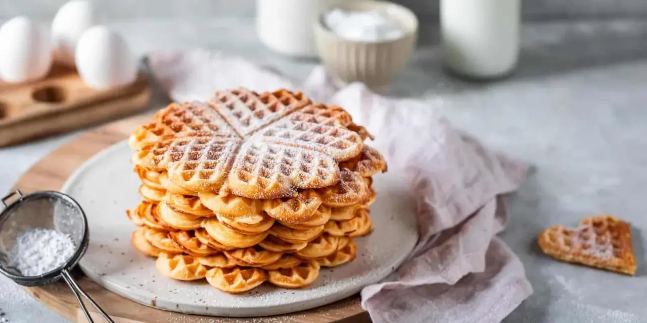 Ein Stapel Herz-Waffeln, bestäubt mit Puderzucker, bereit zum Genießen. Perfekt für ein Frühstück oder Dessert, einfach im Thermomix zubereitet.