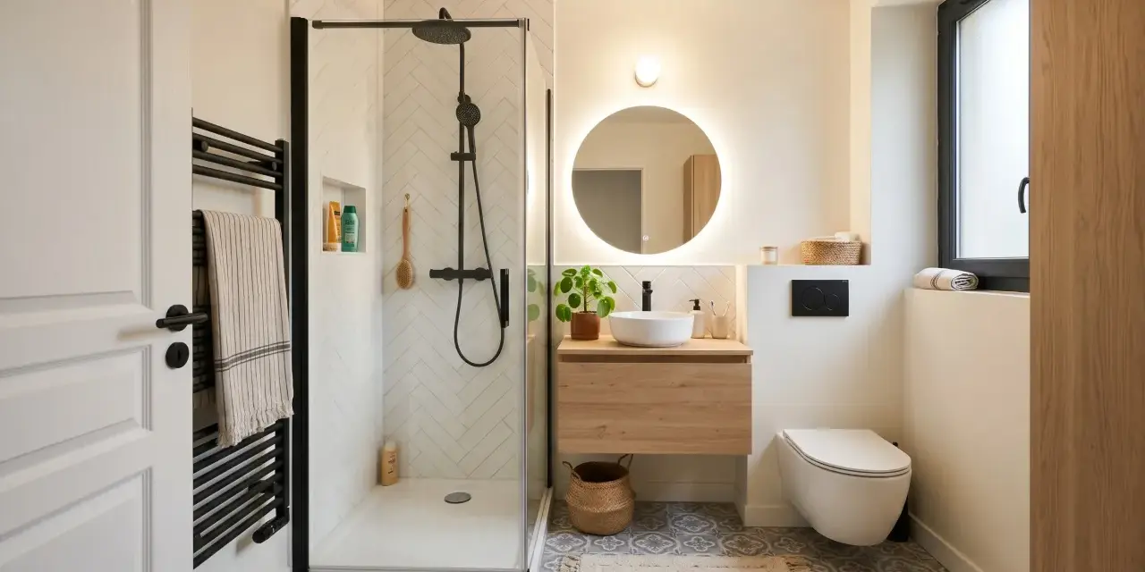 Salle de bain moderne avec douche à l'italienne aux dimensions parfaites, meuble vasque en bois, miroir rond lumineux et WC suspendu.
