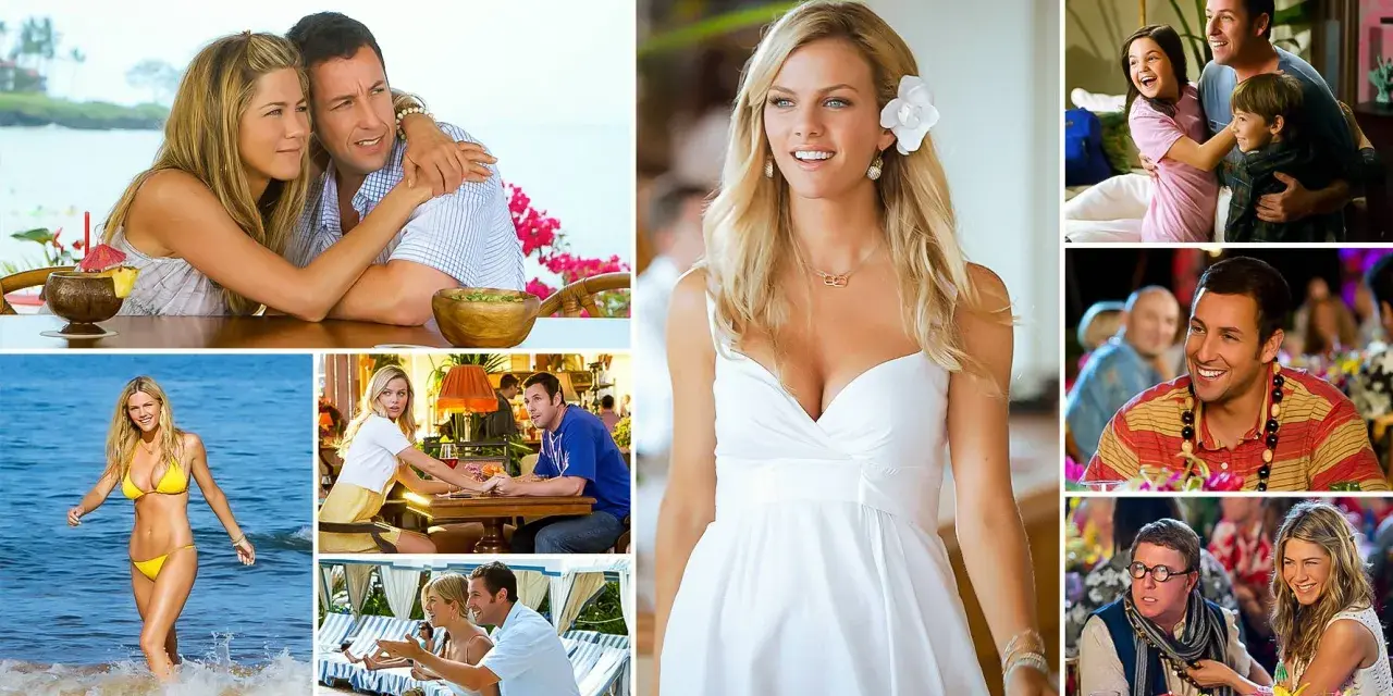 Obsada "Żona na niby" w komediowych scenach. Adam Sandler i Jennifer Aniston w romantycznych i zabawnych momentach.