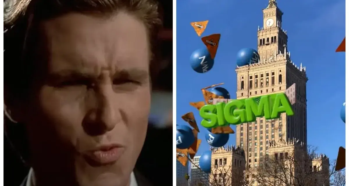 Patrick Bateman z "American Psycho" i Pałac Kultury w Warszawie, nad którym unosi się napis "SIGMA" i przekąski.