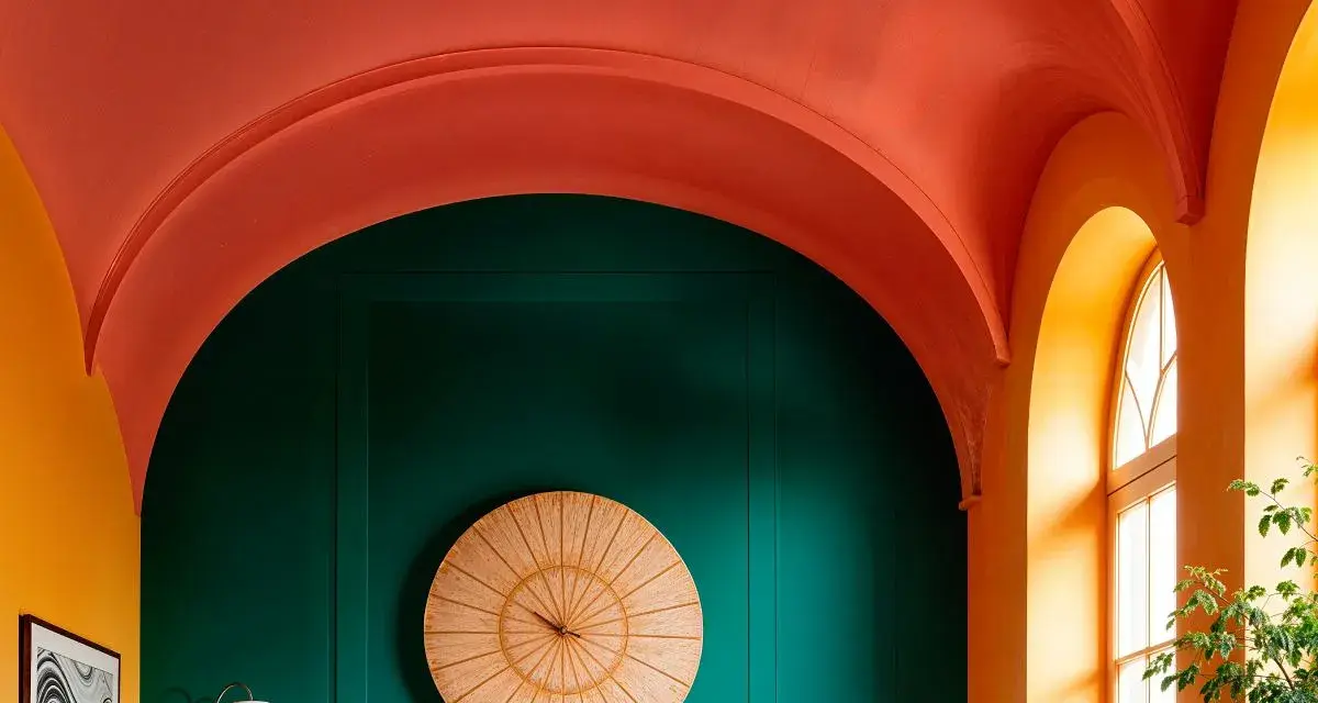 Fotos de paredes y techos pintados en tonos vibrantes: naranja, verde esmeralda y coral. Un reloj de madera decora la pared.