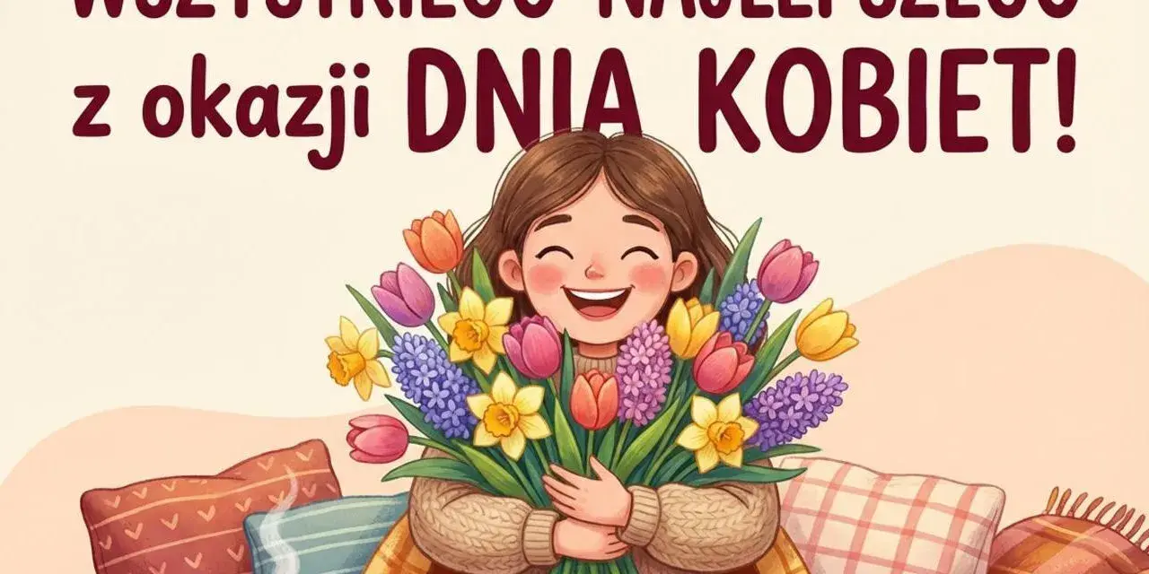 Wszystkiego najlepszego z okazji Dnia Kobiet! Uśmiechnięta dziewczyna z bukietem kwiatów, kotek i kubek kawy.