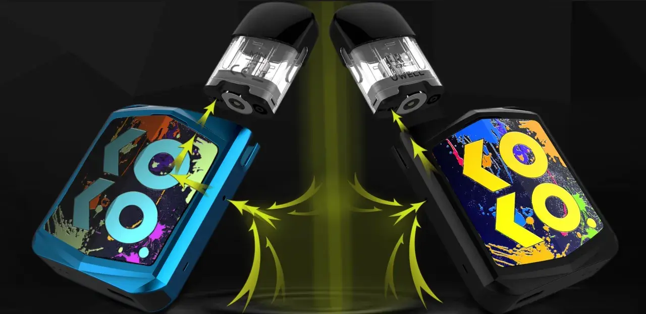 Dos dispositivos koko vape, uno azul y otro negro, con cartuchos listos para ser insertados. Flechas amarillas indican la conexión.