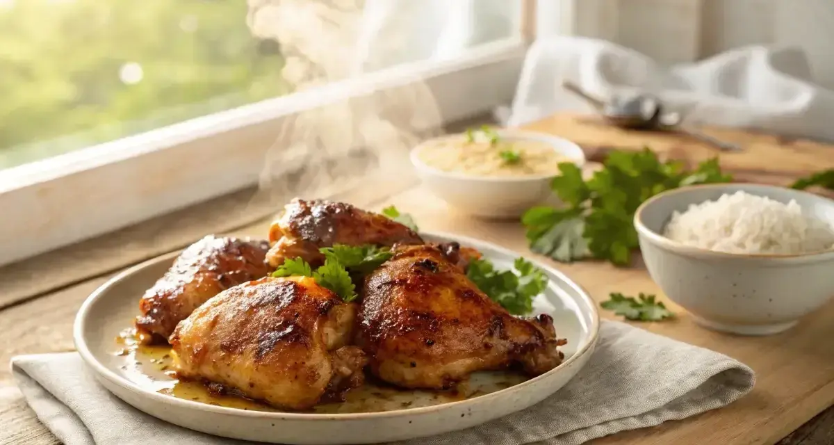 Une assiette de cuisse de poulet au four, dorée et fumante, garnie de persil frais. Du riz blanc et une purée de céréales sont servis à côté.