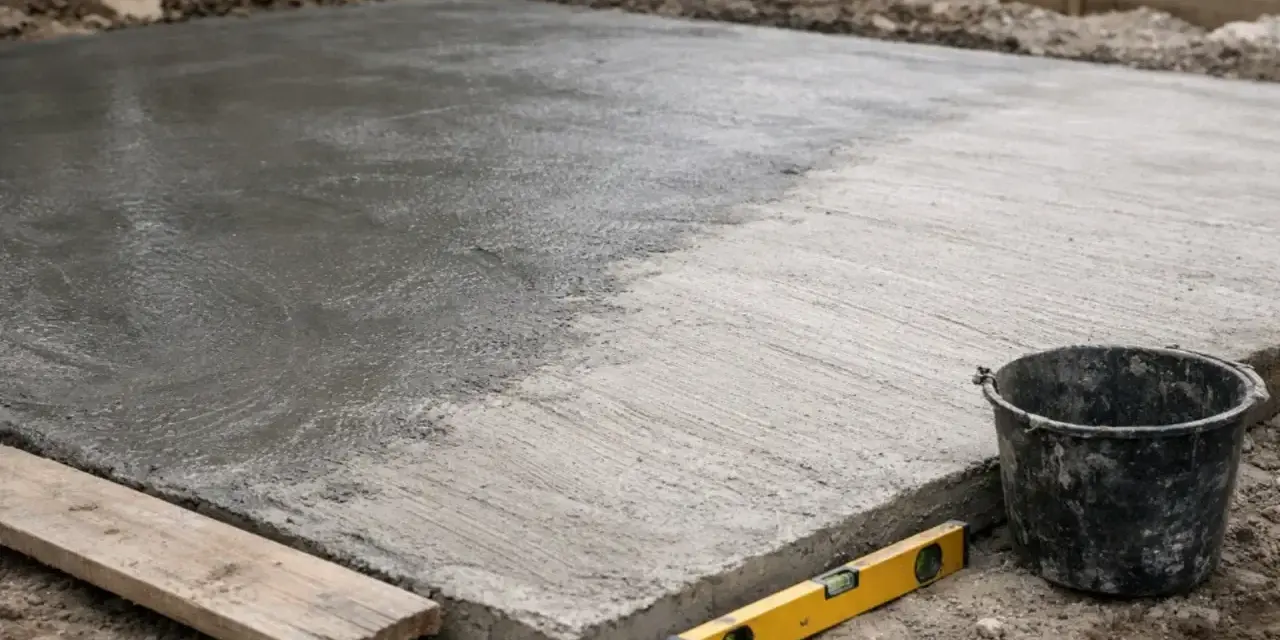 Świeżo wylany beton na placu budowy. Poziomica i wiadro obok. Czas wiązania betonu B25 zależy od warunków.