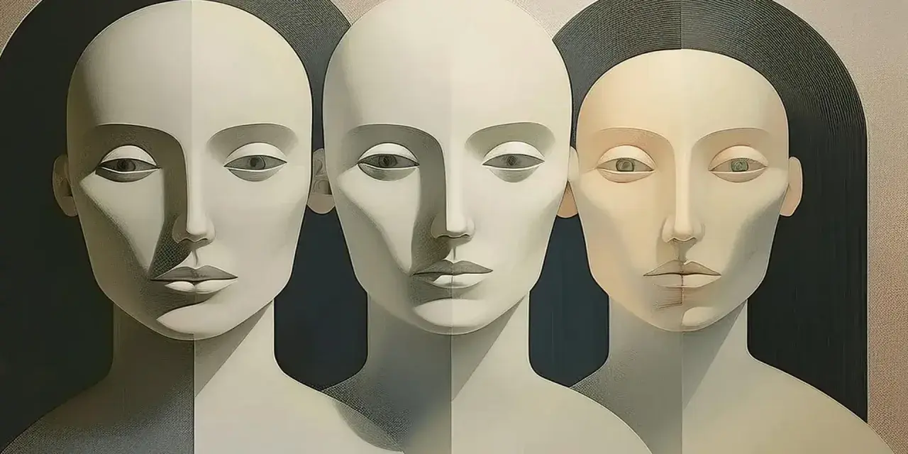Trzy twarze, od jasnej do ciemnej, próbują być emocjonalne, ale ich rysy są zbyt geometryczne.
