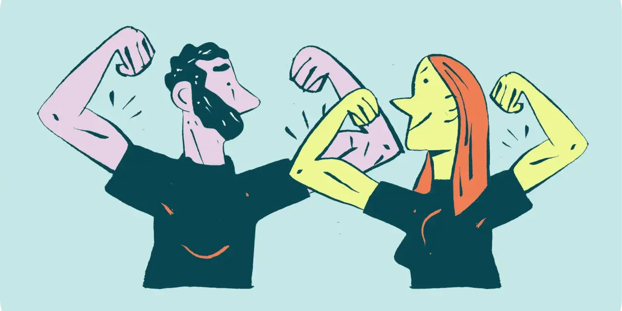 Mężczyzna i kobieta pokazują bicepsy, symbolizując siłę i pewność siebie. Jak wzmocnić pewność siebie u mężczyzny? Ćwiczenia i wsparcie!