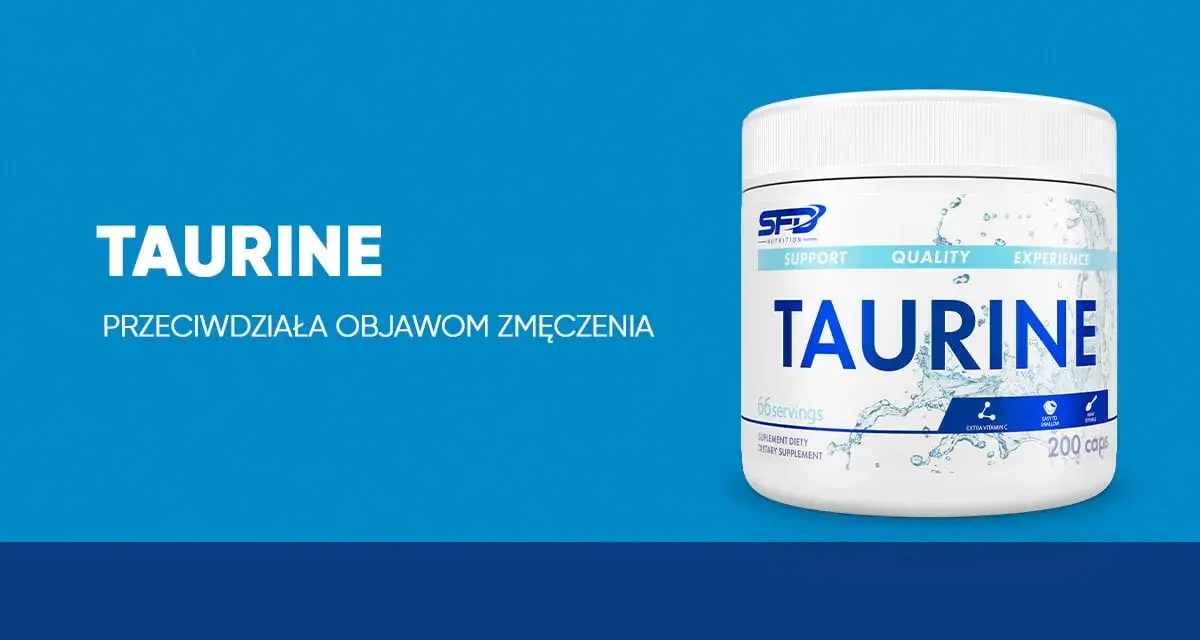Biały pojemnik z suplementem diety Taurine, który przeciwdziała objawom zmęczenia. Idealny dla sportowców.