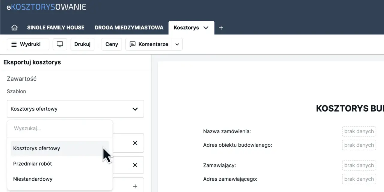 Wybieranie szablonu "Kosztorys ofertowy" do eksportu kosztorysu inwestorskiego.