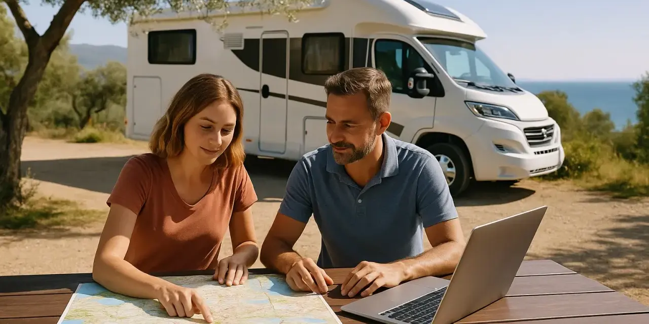 Para planuje podróż kamperem po Grecji, studiując mapę i laptopa przy stole piknikowym.