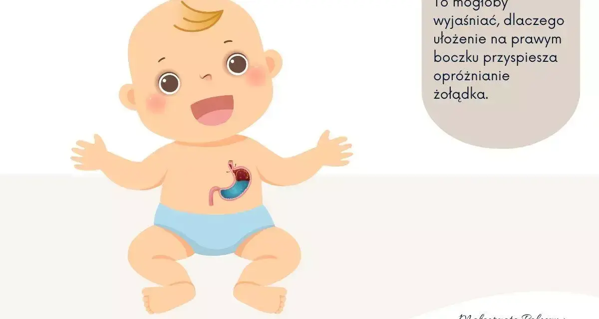 Uśmiechnięte niemowlę z widocznym żołądkiem, ilustracja wyjaśniająca problem refluksu u niemowląt i pozycję ułatwiającą trawienie.