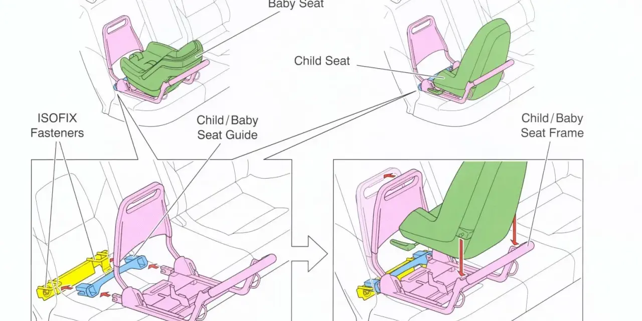 Illustrazione mostra come installare seggiolini auto per bambini con sistema ISOFIX. L'uso di ISOFIX è obbligatorio per la sicurezza.
