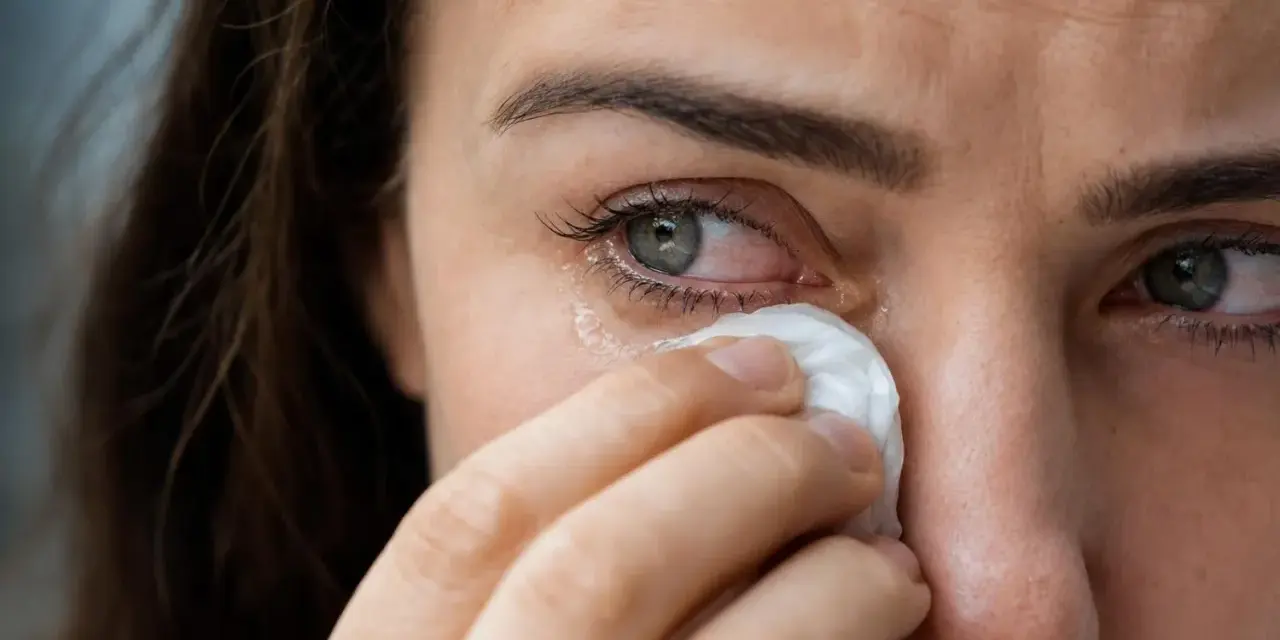 Occhi lacrimosi: una donna si asciuga le lacrime con un fazzoletto. Le cause possono essere molteplici, dal dolore alla stanchezza.